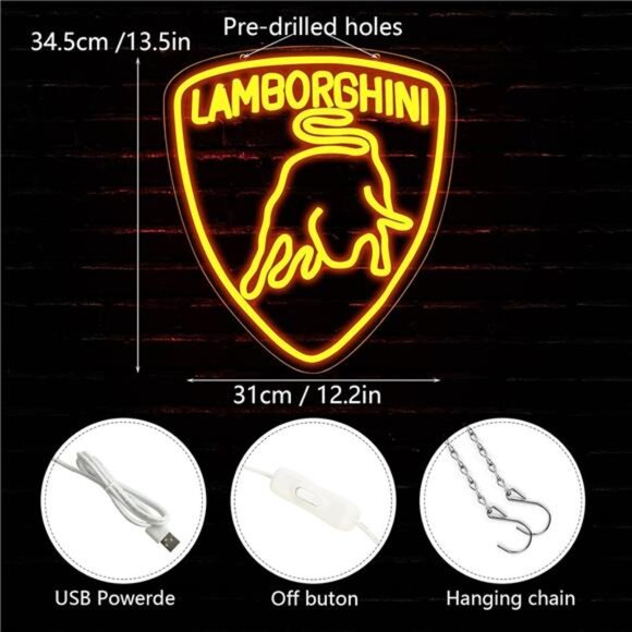Lamborghini Car Logo LED Neon Sign for Garage Shop Decor Bar Man Cave Mechanix - Picture 2 of 7
